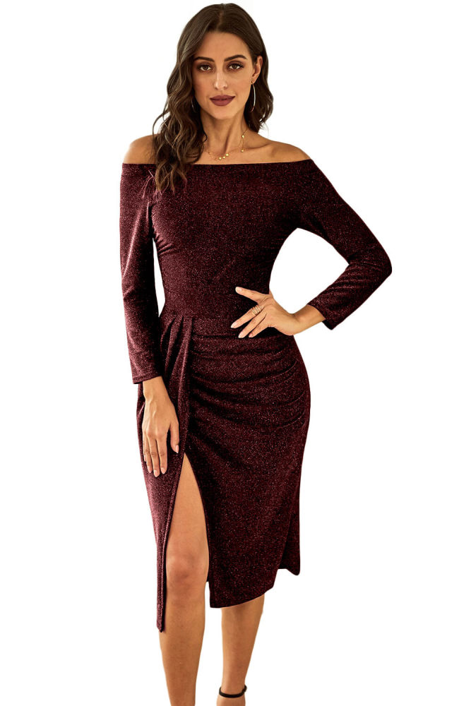 Red Off Shoulder Ruched Thigh High Slit Sequin Dress