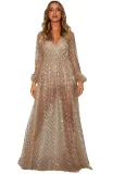 Apricot Glittering Checked Pattern Sheer Gown