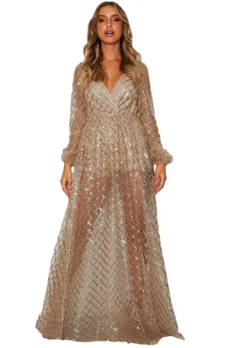 Apricot Glittering Checked Pattern Sheer Gown