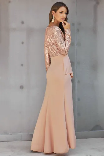 Apricot Long Sleeve V Neck Wrapped Sequin Bodice Long Party Dress