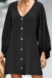 Black Buttoned-down V Neck Billowy Sleeve Shift Dress