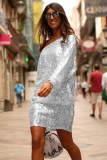 Slanted Shoulder Sequin Dress