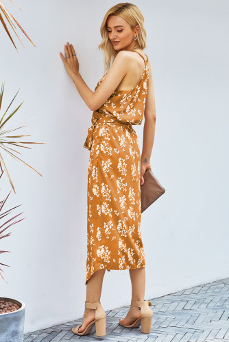 Yellow Floral Wrap Midi Dress