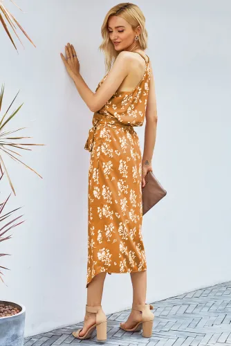 Yellow Floral Wrap Midi Dress
