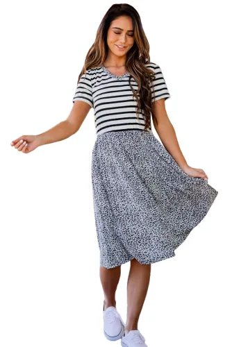Striped Gray Cheetah Print Swing Dress
