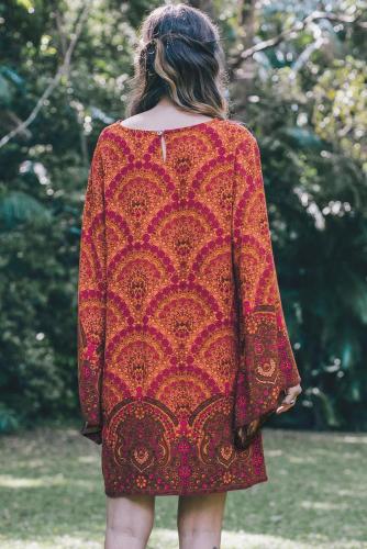 Orange Starlight Bell Sleeve Shift Print Dress