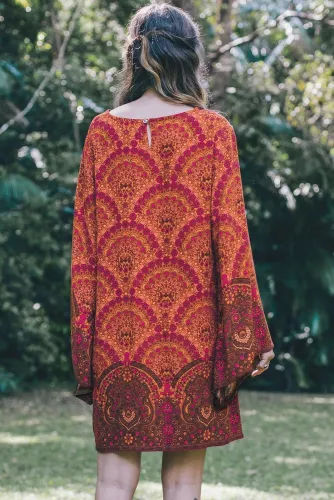 Orange Starlight Bell Sleeve Shift Print Dress