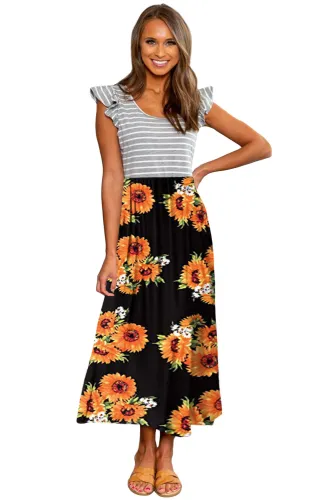 Yellow Ruffle Sleeve Stripe Floral Print Long Dress