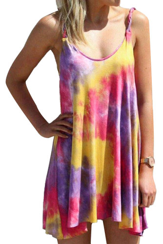 Rose U Neck Gradient Color Printed Sling Sleeveless Swing Mini Dress