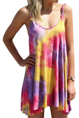 Rose U Neck Gradient Color Printed Sling Sleeveless Swing Mini Dress