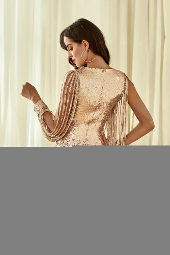 Apricot Ombre Sequin Tassel Sleeve Bodycon Evening Dress