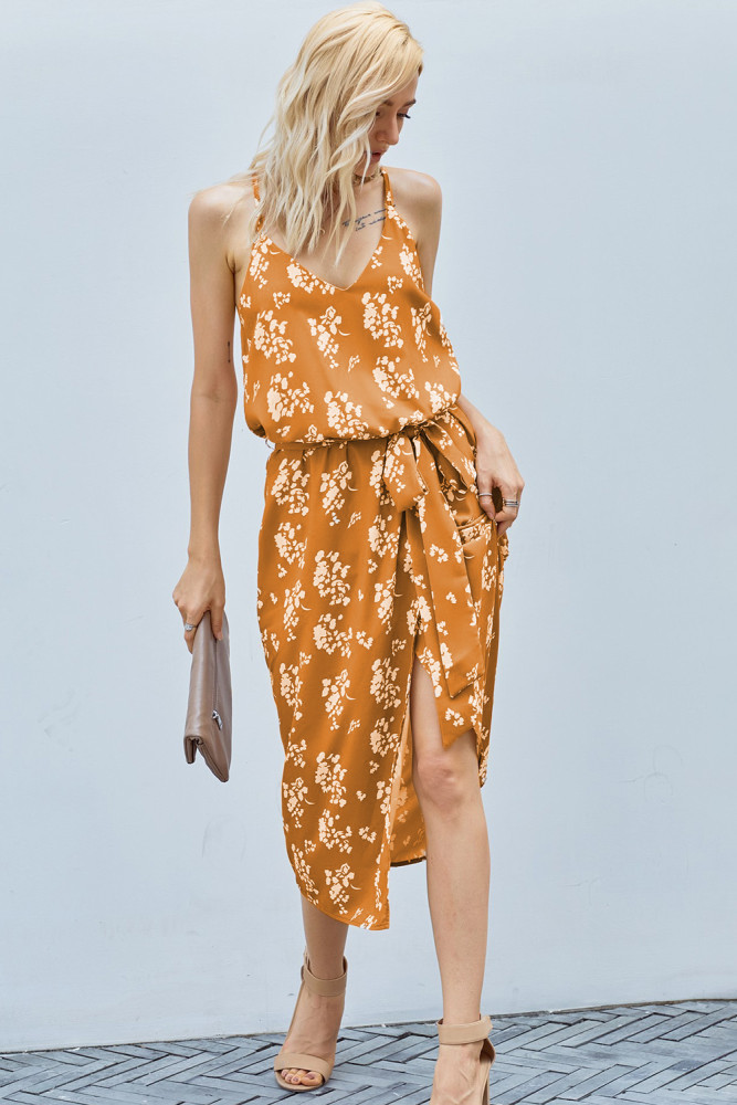 Yellow Floral Wrap Midi Dress