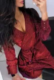 Red Wrap Metallic Dress with Belt