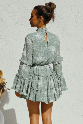 Green Hollow Out Neck Ruffled Layered Tiered Floral Print Mini Dress