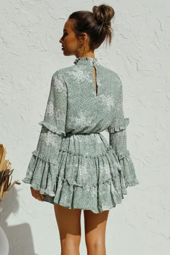 Green Hollow Out Neck Ruffled Layered Tiered Floral Print Mini Dress