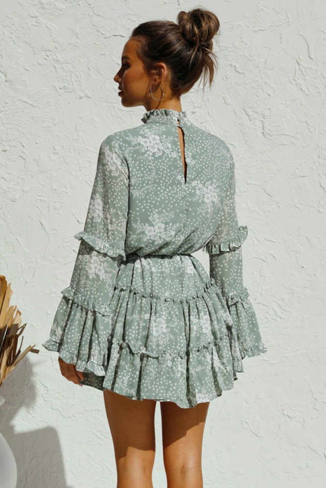 Green Hollow Out Neck Ruffled Layered Tiered Floral Print Mini Dress