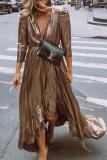 Metallic Shine Ruffled V Neck Maxi Party Dress