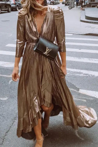 Metallic Shine Ruffled V Neck Maxi Party Dress