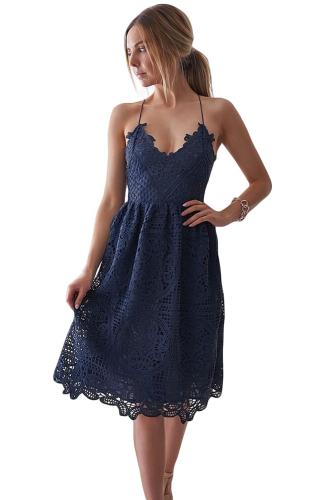 Blue Crochet Lace Midi Party Dress