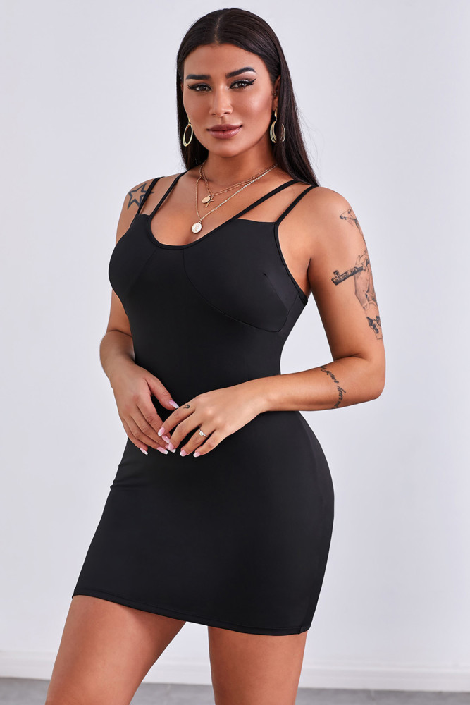Double Straps Plunge Neck Ruched Mini Dress