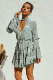 Green Hollow Out Neck Ruffled Layered Tiered Floral Print Mini Dress