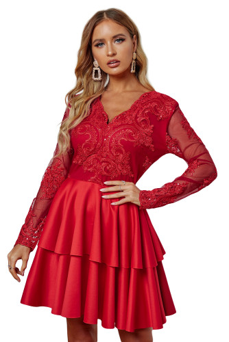 Red Sequin Embroidered Multilayer Skater Dress