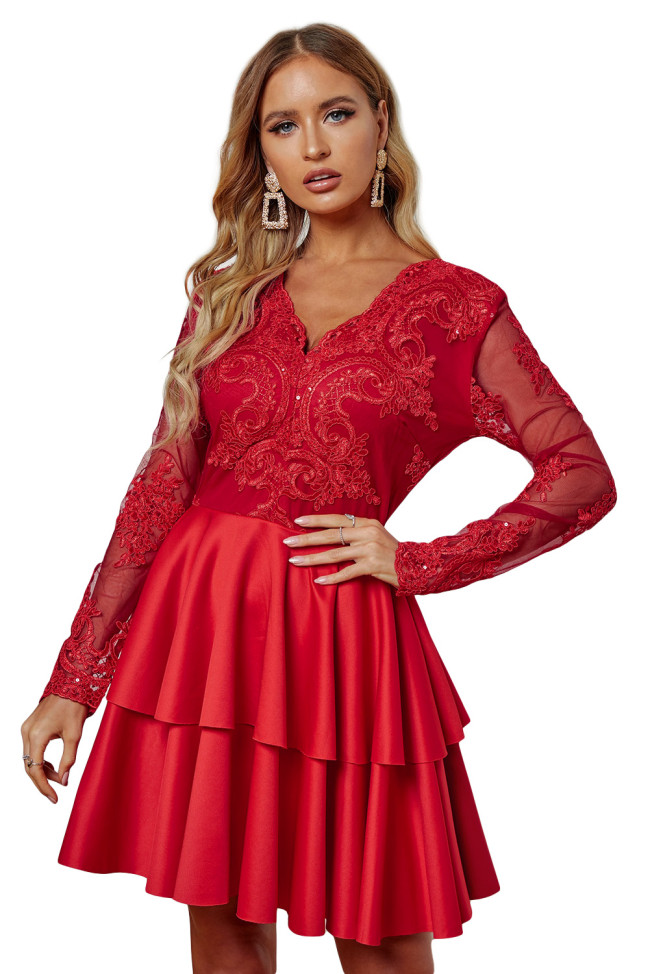 Red Sequin Embroidered Multilayer Skater Dress