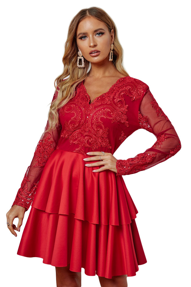 Red Sequin Embroidered Multilayer Skater Dress