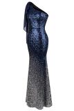 Blue Gradient One Shoulder Sequin Party Evening Dress
