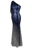 Blue Gradient One Shoulder Sequin Party Evening Dress