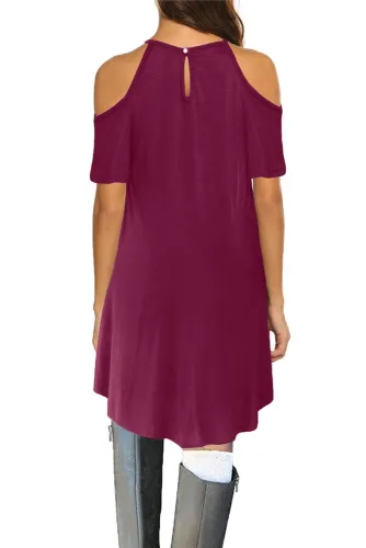 Red Lace Hollow-out Cold Shoulder Casual Dress