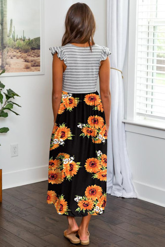 Yellow Ruffle Sleeve Stripe Floral Print Long Dress