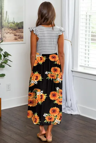 Yellow Ruffle Sleeve Stripe Floral Print Long Dress