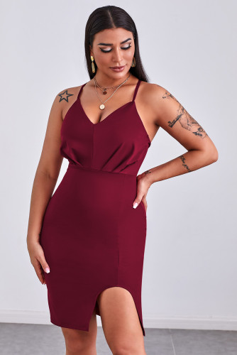 Red V Neck Slip Slit Dress
