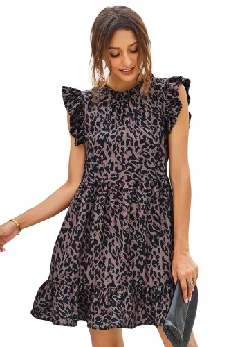 Leopard Print Ruffled Hemline Swing Dress