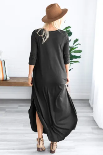 Black Pocketed Cotton Dress with Slit