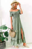 Green Polka Dot Off Shoulder Split Maxi Dress