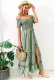 Green Polka Dot Off Shoulder Split Maxi Dress