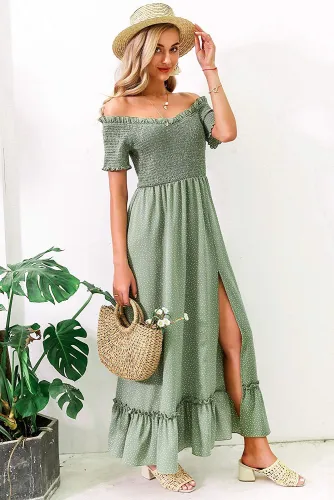 Green Polka Dot Off Shoulder Split Maxi Dress