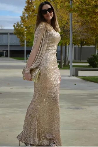 Apricot Off Shoulder Tasseled Sleeve Sequin Party Maxi Dress