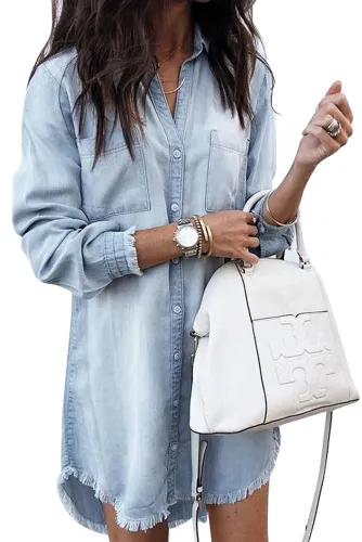 Sky Blue Denim Long Sleeve Shirt Dress