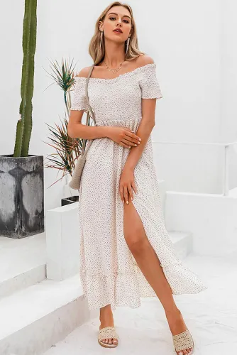 White Polka Dot Off Shoulder Split Maxi Dress