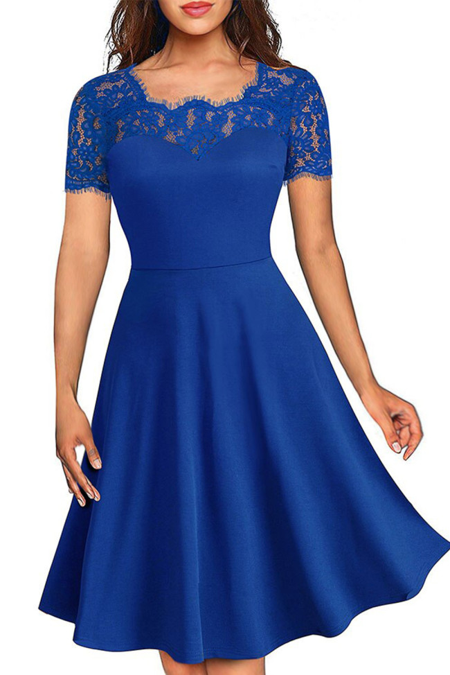 Blue Floral Lace Neckline Pinup A-Line Business Party Flare Skater Dress