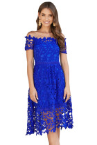 Blue Off Shoulder Short Sleeve Crochet Party Dress
