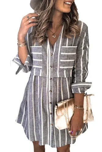 Gray Contrast Striped Buttoned Shirt Dress