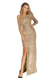 Apricot Fortune One Shoulder Front Slit Sequin Gown