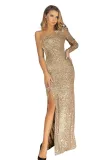 Apricot Fortune One Shoulder Front Slit Sequin Gown