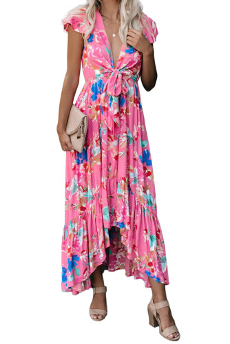 Rose Floral High Low Pocketed Tie Maxi Dress