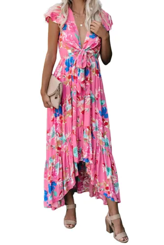 Rose Floral High Low Pocketed Tie Maxi Dress
