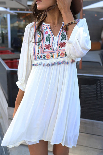 White Embroidered Tassel Boho Dream Dress